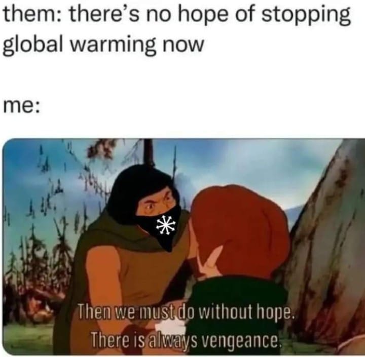 This meme is a humorous take on the idea that people often say "there's no hope of stopping global warming" and then immediately follow it with a statement that contradicts that idea. The image shows a character from the movie "The Princess and the Frog" saying "there's always hope" and then immediately saying "there's always a way to kill your enemies" (in this case, a villain). The text at the top reads "them: there's no hope of stopping global warming now" and the response is "me: there's always a way to kill your enemies".